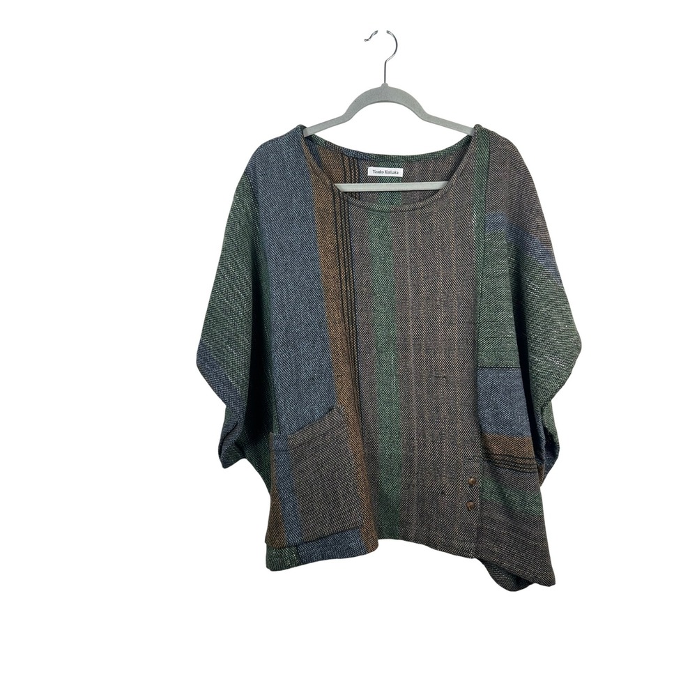 Yasuko Kurisaka Hand Woven Top Women OS Green Blue Striped Excellent Art To Wear